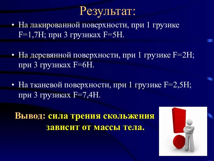 Результат: На лакированной поверхности, при 1 грузике F=1,7H; при 3 грузиках