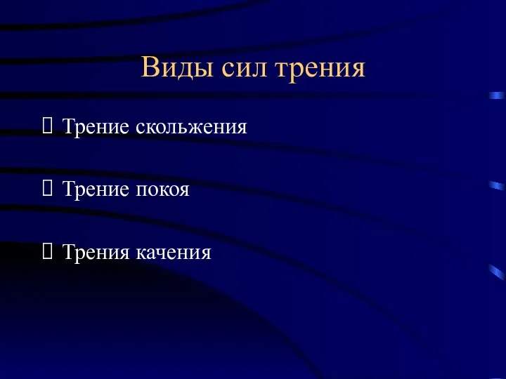 Виды сил трения Трение скольжения Трение покоя Трения качения