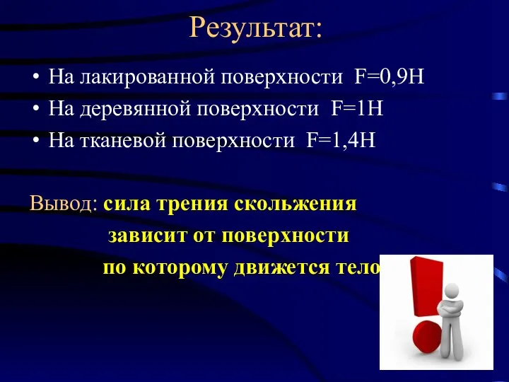 Результат: На лакированной поверхности F=0,9Н На деревянной поверхности F=1Н На тканевой