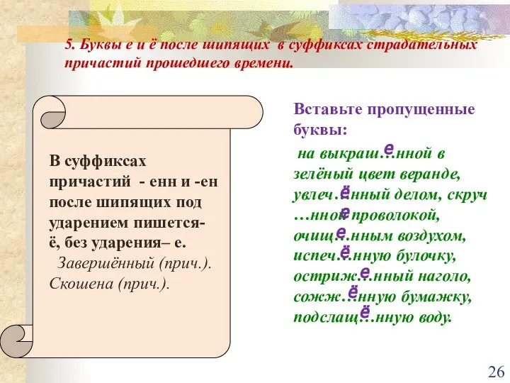 5. Буквы е и ё после шипящих в суффиксах страдательных причастий