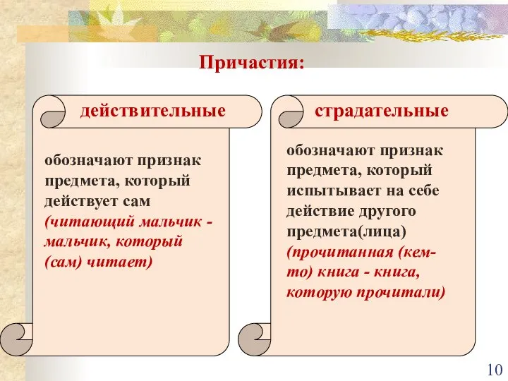 Причастия: действительные страдательные обозначают признак предмета, который действует сам (читающий мальчик