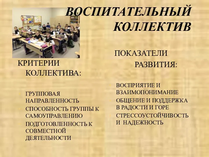 ВОСПИТАТЕЛЬНЫЙ КОЛЛЕКТИВ КРИТЕРИИ КОЛЛЕКТИВА: ГРУППОВАЯ НАПРАВЛЕННОСТЬ СПОСОБНОСТЬ ГРУППЫ К САМОУПРАВЛЕНИЮ ПОДГОТОВЛЕННОСТЬ