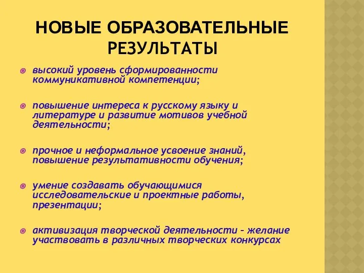 НОВЫЕ ОБРАЗОВАТЕЛЬНЫЕ РЕЗУЛЬТАТЫ высокий уровень сформированности коммуникативной компетенции; повышение интереса к