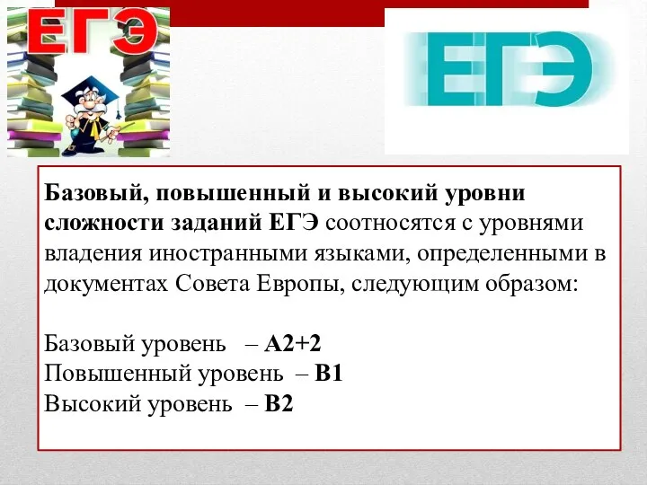 Базовый, повышенный и высокий уровни сложности заданий ЕГЭ соотносятся с уровнями