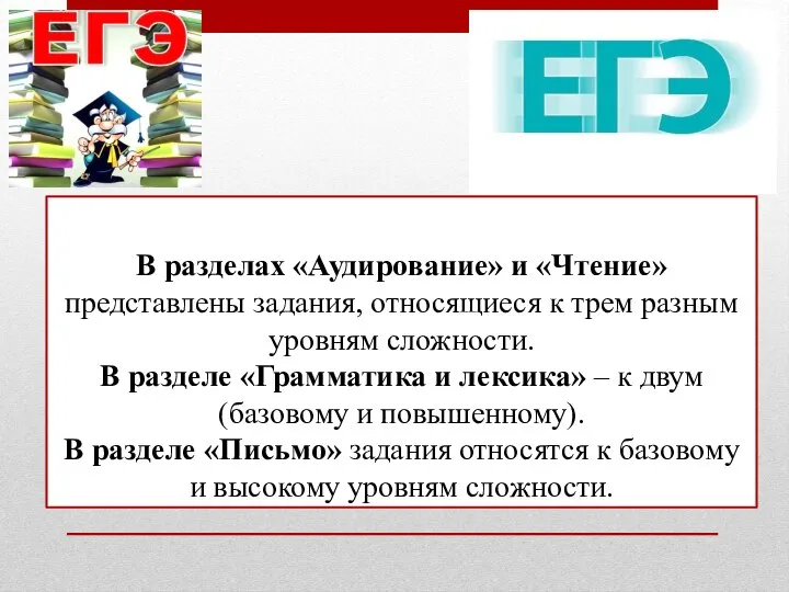 В разделах «Аудирование» и «Чтение» представлены задания, относящиеся к трем разным