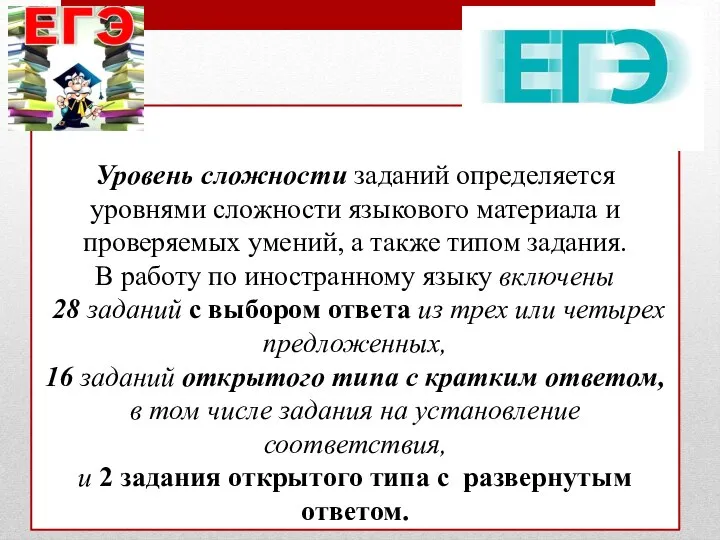 Уровень сложности заданий определяется уровнями сложности языкового материала и проверяемых умений,