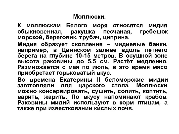 Моллюски. К моллюскам Белого моря относятся мидия обыкновенная, ракушка песчаная, гребешок