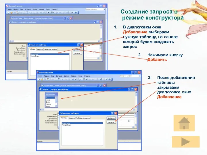 Создание запроса В диалоговом окне Добавление выбираем нужную таблицу, на основе