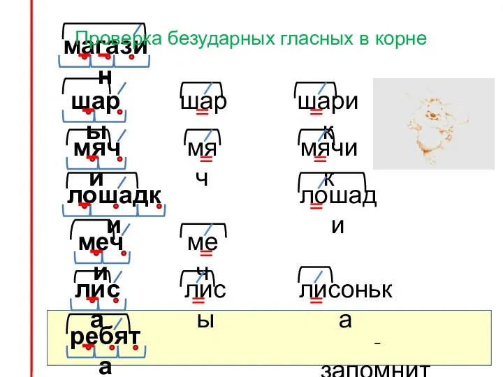 магазин шары мячи лошадки мечи ребята лиса - запомнить Проверка безударных