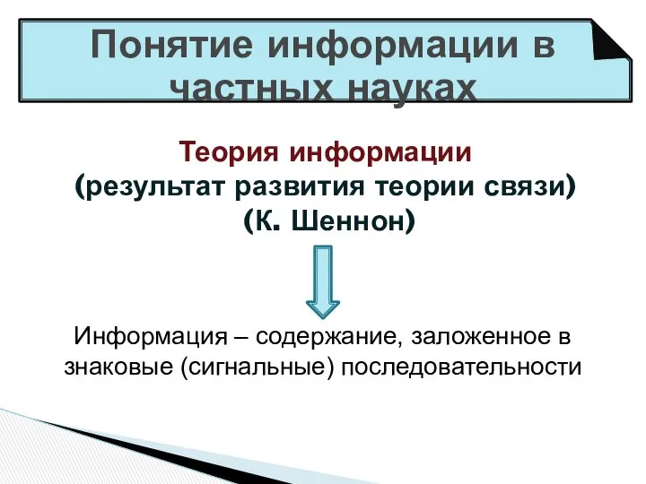 Понятие информации в частных науках Теория информации (результат развития теории связи)