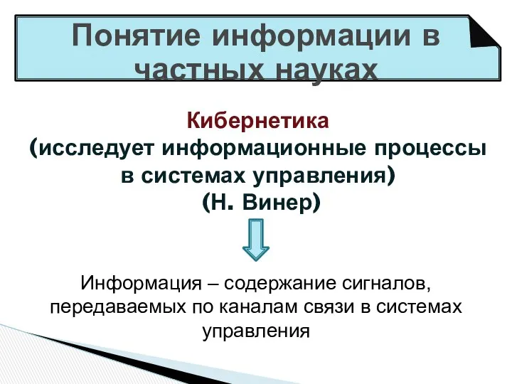 Понятие информации в частных науках Кибернетика (исследует информационные процессы в системах