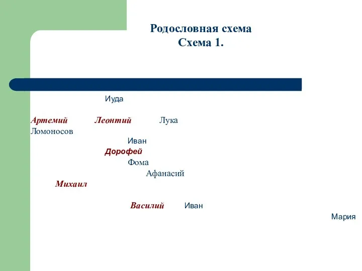 Родословная схема Схема 1. Иуда Артемий Леонтий Лука Ломоносов Иван Дорофей