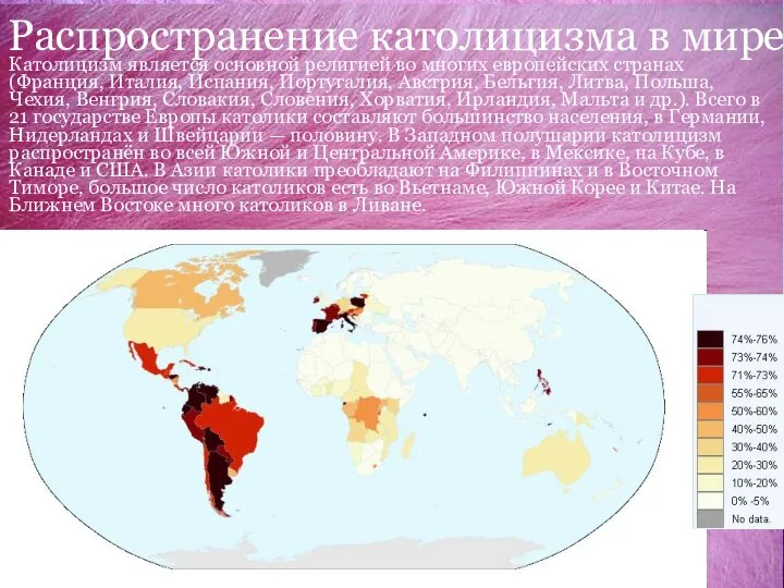 Распространение католицизма в мире Католицизм является основной религией во многих европейских