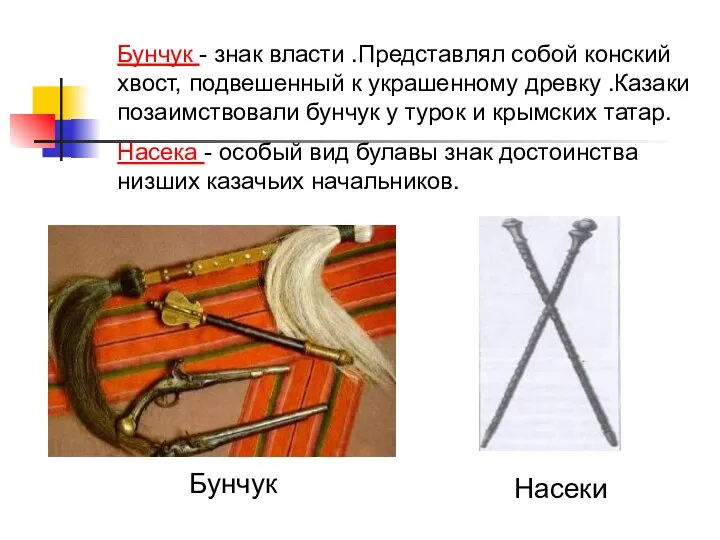 Бунчук - знак власти .Представлял собой конский хвост, подвешенный к украшенному