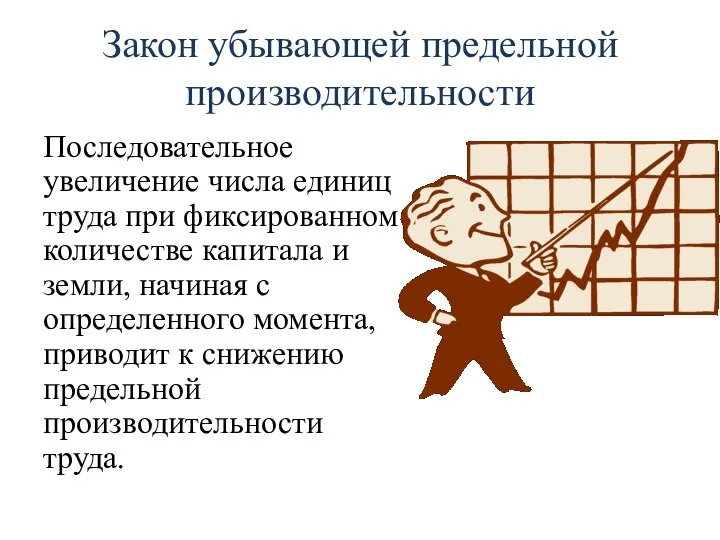 Закон убывающей предельной производительности Последовательное увеличение числа единиц труда при фиксированном