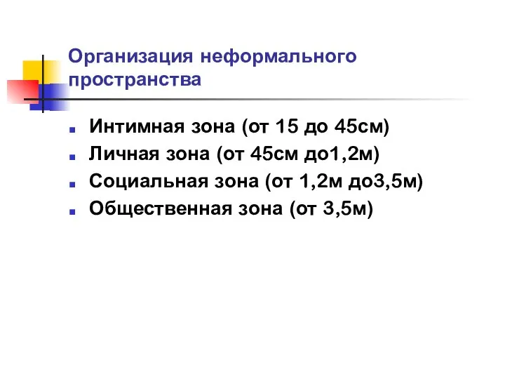 Организация неформального пространства Интимная зона (от 15 до 45см) Личная зона