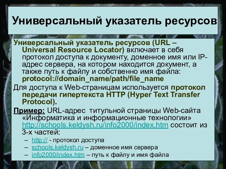 Универсальный указатель ресурсов (URL – Universal Resource Locator) включает в себя