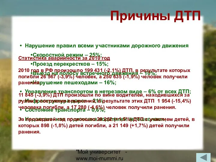 "Мой университет - www.moi-mummi.ru Причины ДТП Нарушение правил всеми участниками дорожного