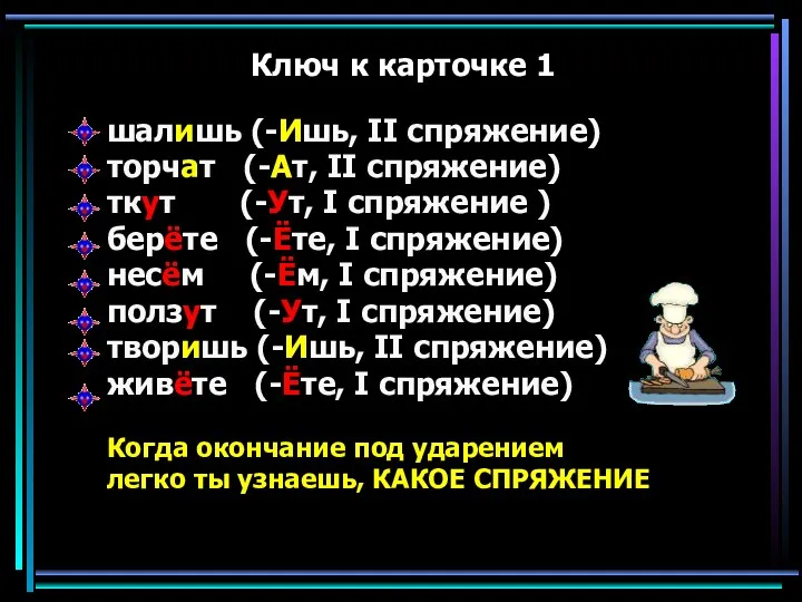 Ключ к карточке 1 шалишь (-Ишь, II спряжение) торчат (-Ат, II