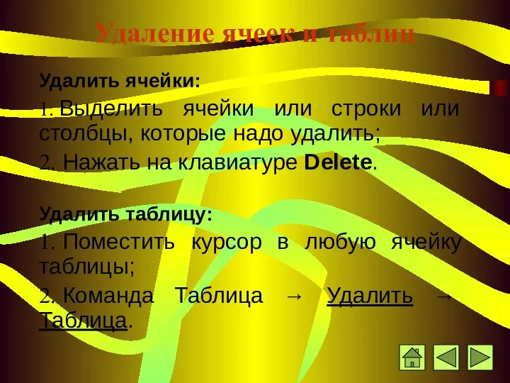 Удаление ячеек и таблиц Удалить ячейки: 1. Выделить ячейки или строки