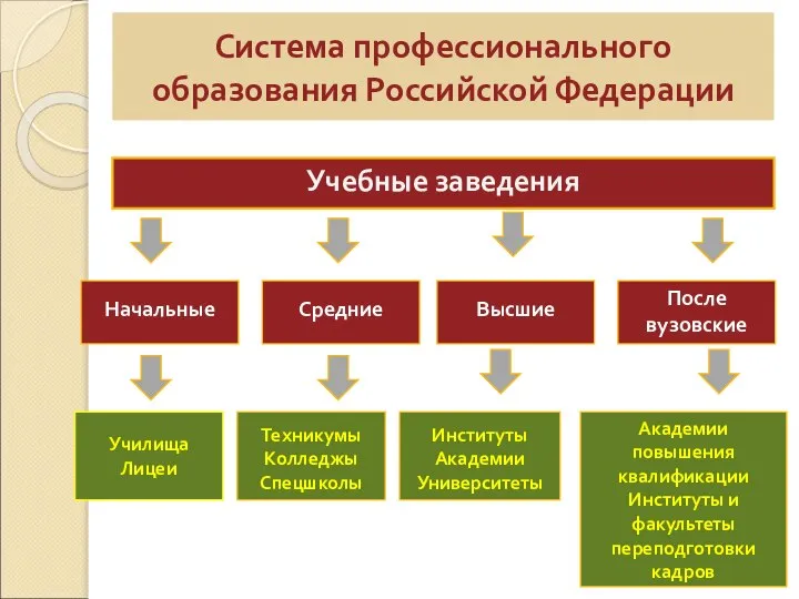 Учебные заведения Начальные Училища Лицеи Система профессионального образования Российской Федерации Средние