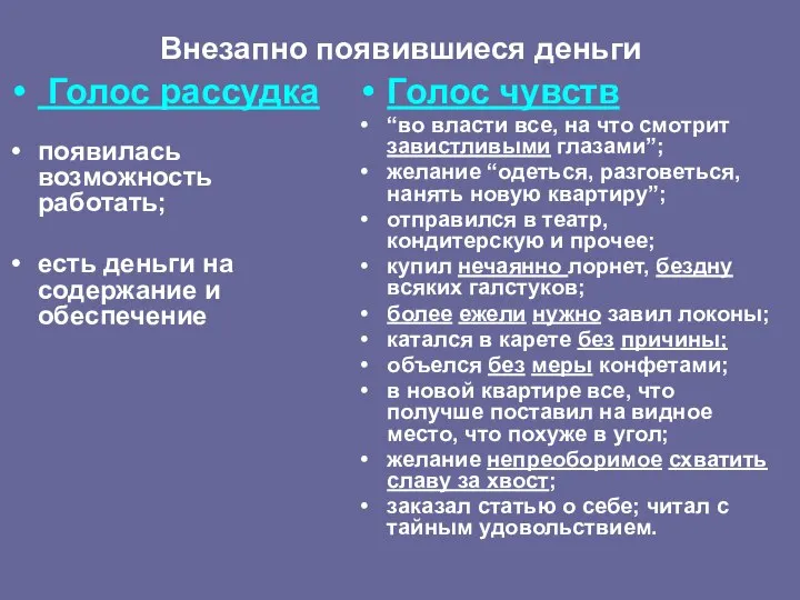 Внезапно появившиеся деньги Голос рассудка появилась возможность работать; есть деньги на