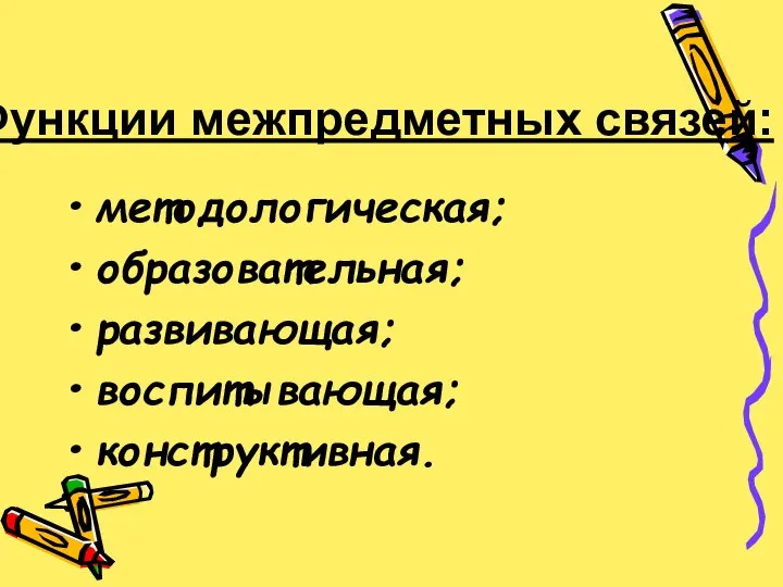 Функции межпредметных связей: методологическая; образовательная; развивающая; воспитывающая; конструктивная.