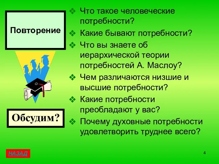 Повторение Что такое человеческие потребности? Какие бывают потребности? Что вы знаете