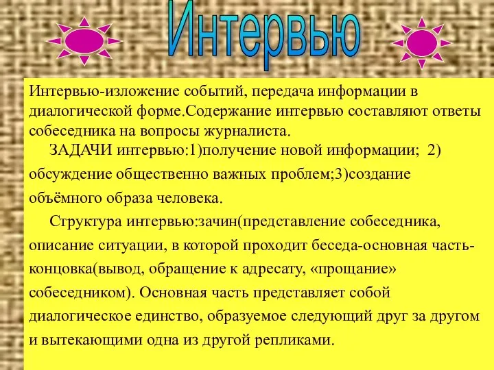 Интервью-изложение событий, передача информации в диалогической форме.Содержание интервью составляют ответы собеседника