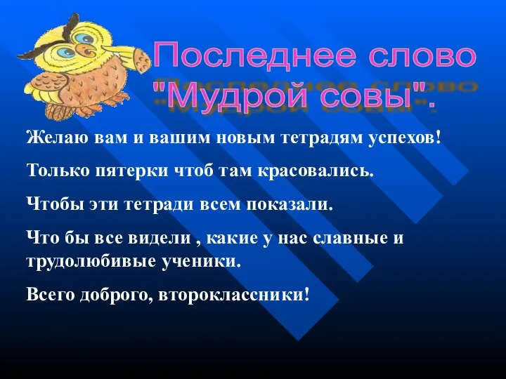 Последнее слово "Мудрой совы". Желаю вам и вашим новым тетрадям успехов!