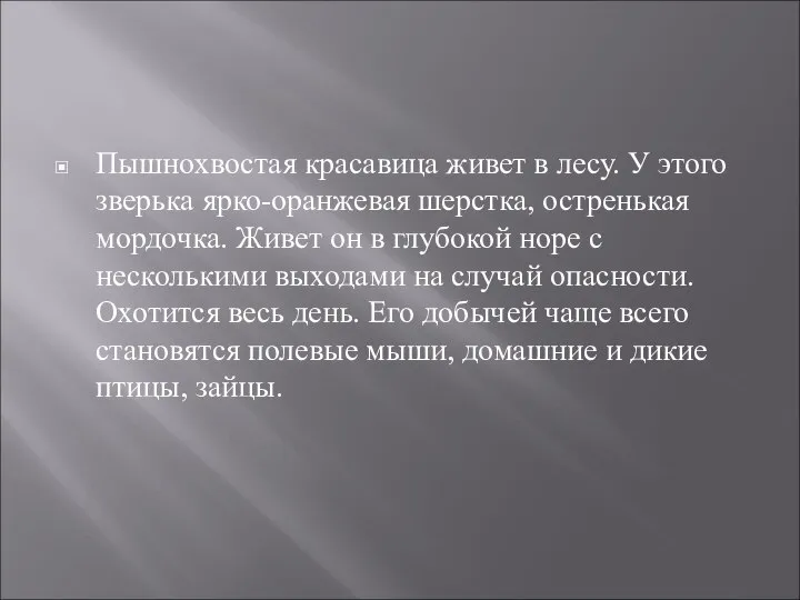 Пышнохвостая красавица живет в лесу. У этого зверька ярко-оранжевая шерстка, остренькая