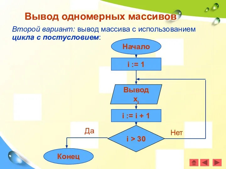 Второй вариант: вывод массива с использованием цикла с постусловием: Вывод одномерных