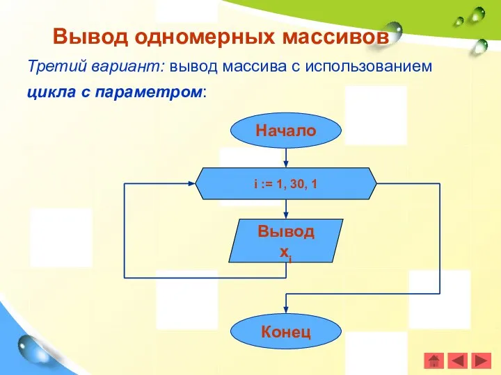 Третий вариант: вывод массива с использованием цикла с параметром: Вывод одномерных