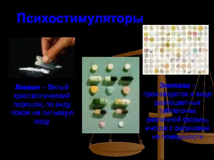 Психостимуляторы Кокаин – белый кристаллический порошок, по виду похож на питьевую