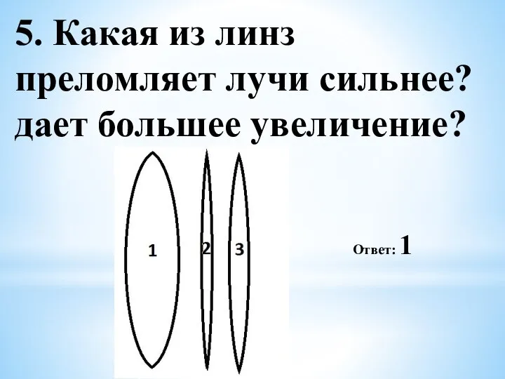 5. Какая из линз преломляет лучи сильнее? дает большее увеличение? Ответ: 1