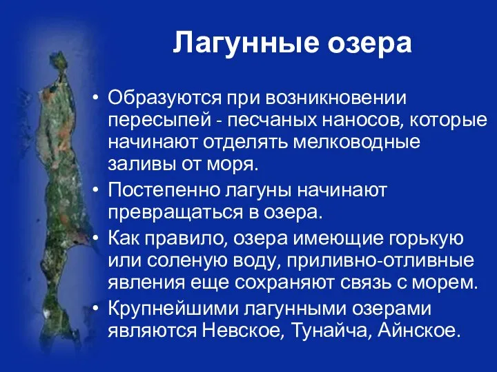 Лагунные озера Образуются при возникновении пересыпей - песчаных наносов, которые начинают