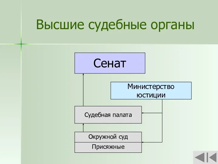 Высшие судебные органы Сенат Министерство юстиции Судебная палата Окружной суд Присяжные