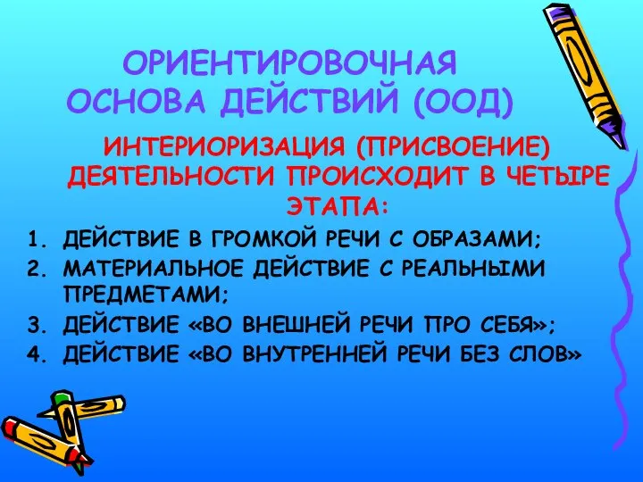 ОРИЕНТИРОВОЧНАЯ ОСНОВА ДЕЙСТВИЙ (ООД) ИНТЕРИОРИЗАЦИЯ (ПРИСВОЕНИЕ) ДЕЯТЕЛЬНОСТИ ПРОИСХОДИТ В ЧЕТЫРЕ ЭТАПА: