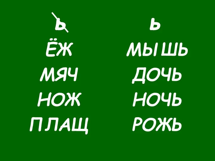 ь ь ЁЖ МЯЧ НОЖ ПЛАЩ МЫШЬ ДОЧЬ НОЧЬ РОЖЬ