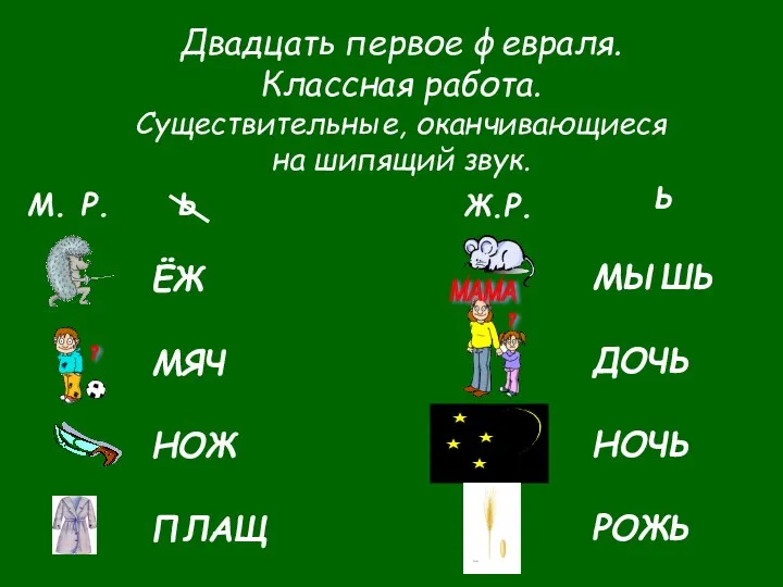 Двадцать первое февраля. Классная работа. Существительные, оканчивающиеся на шипящий звук. МАМА