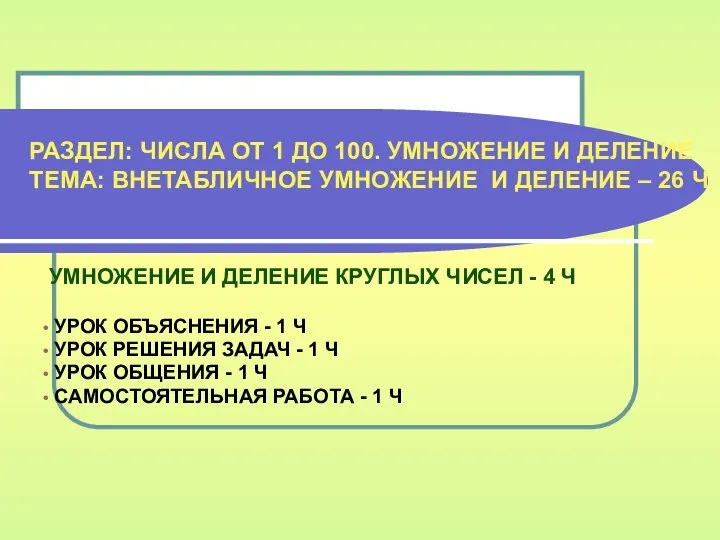 РАЗДЕЛ: ЧИСЛА ОТ 1 ДО 100. УМНОЖЕНИЕ И ДЕЛЕНИЕ ТЕМА: ВНЕТАБЛИЧНОЕ