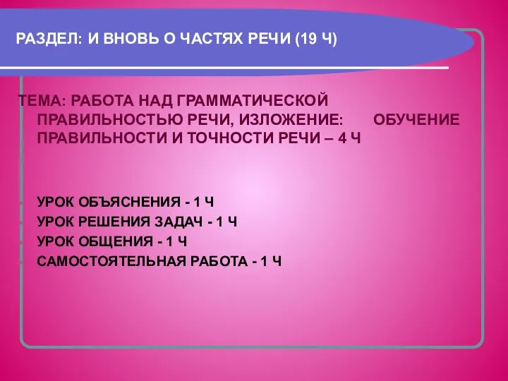 РАЗДЕЛ: И ВНОВЬ О ЧАСТЯХ РЕЧИ (19 Ч) ТЕМА: РАБОТА НАД