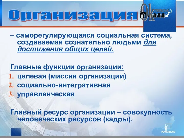 – саморегулирующаяся социальная система, создаваемая сознательно людьми для достижения общих целей.