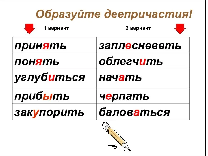 Образуйте деепричастия! 1 вариант 2 вариант