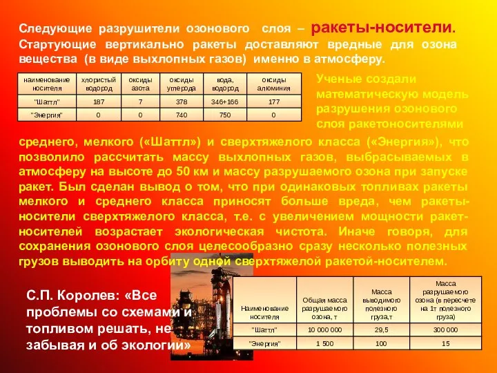 Следующие разрушители озонового слоя – ракеты-носители. Стартующие вертикально ракеты доставляют вредные