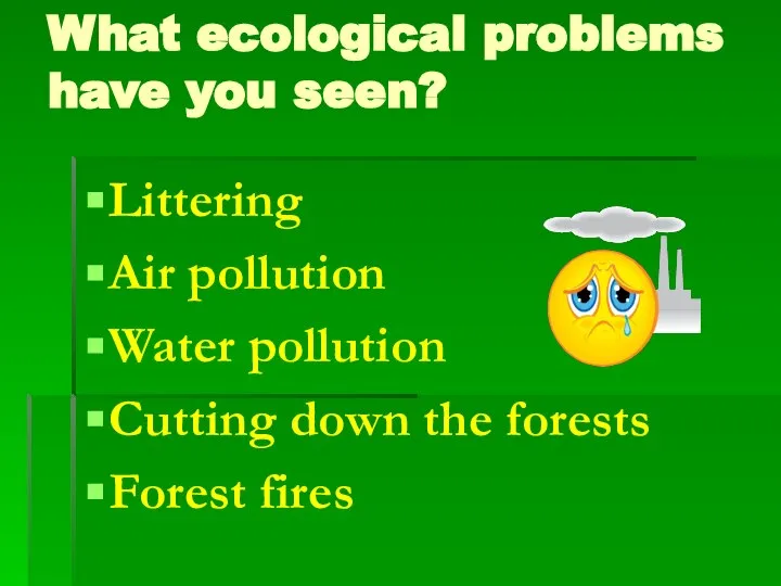 What ecological problems have you seen? Littering Air pollution Water pollution