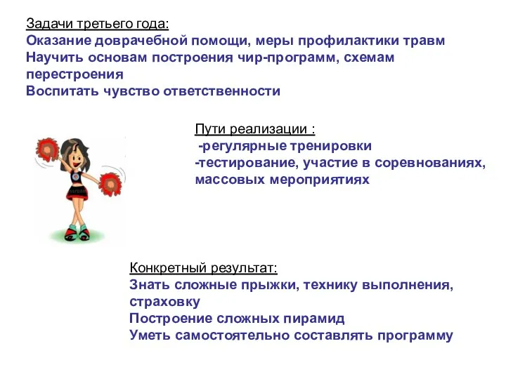 Задачи третьего года: Оказание доврачебной помощи, меры профилактики травм Научить основам