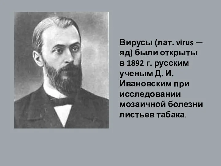Вирусы (лат. virus — яд) были открыты в 1892 г. русским