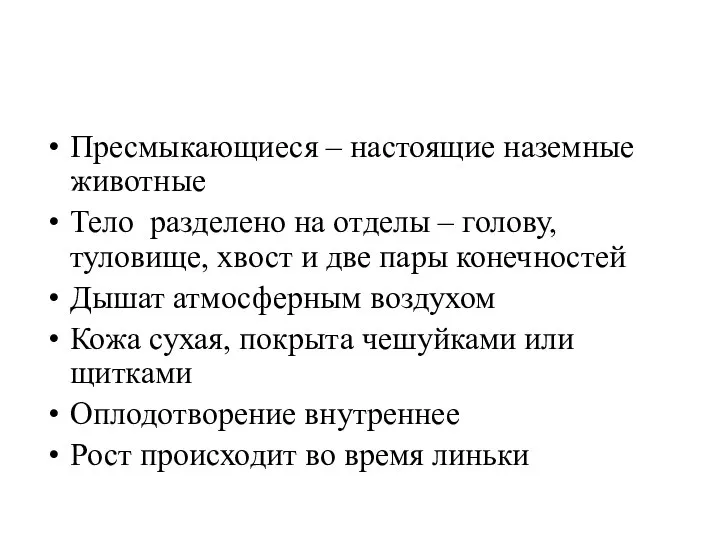 Пресмыкающиеся – настоящие наземные животные Тело разделено на отделы – голову,