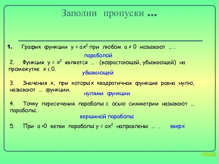 Заполни пропуски … График функции у = ах2 при любом а